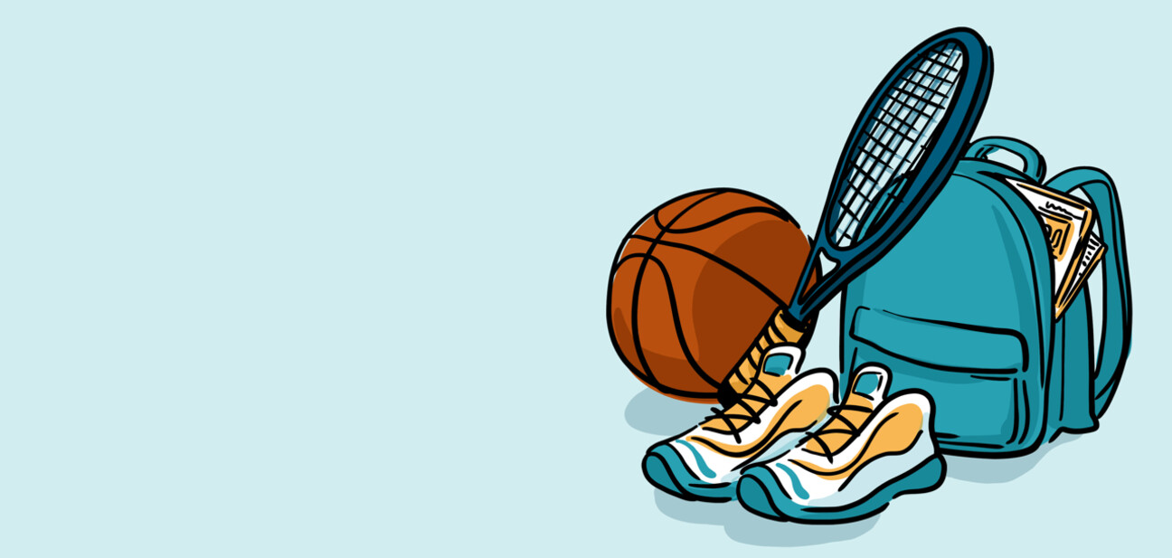 Un sac à dos scolaire, une raquette de tennis, un ballon de basket et des chaussures de sport